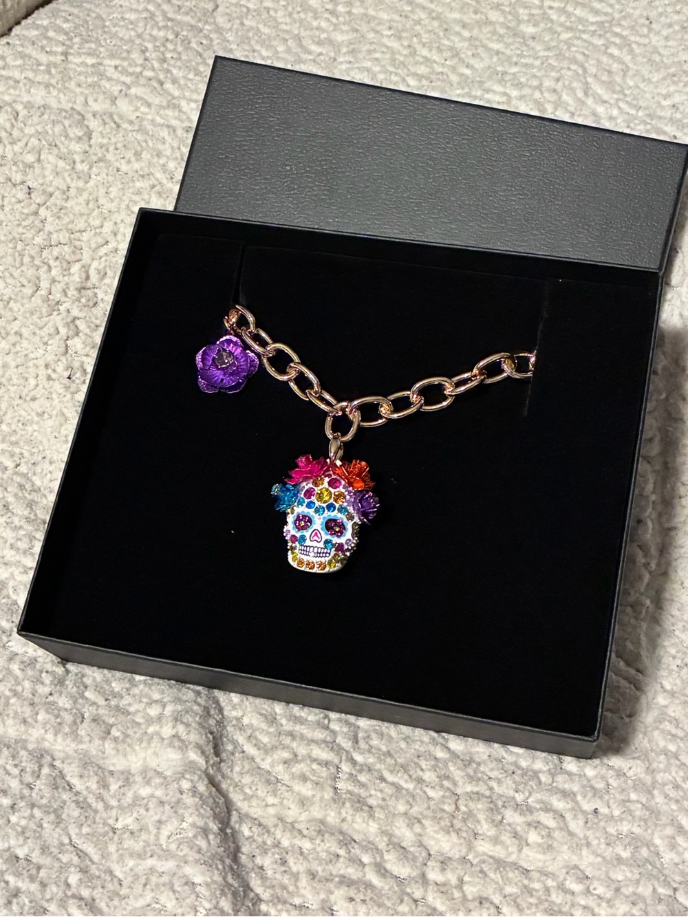 Betsey Johnson Gold-Tone Multicolor Sugar Skull Necklace, new with tags